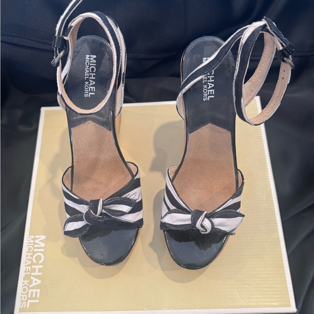 Michael Kors Black and White Strappy Wedges - Picture 9 of 15